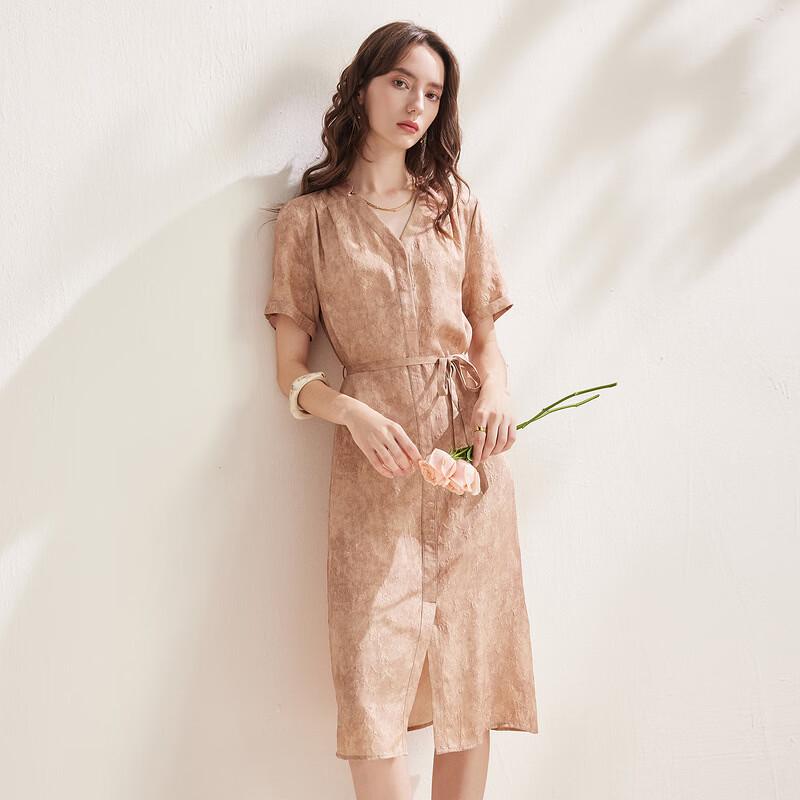Zhaojun Women's Retro Jacquard Mulberry Silk Short-Sleeve Dress