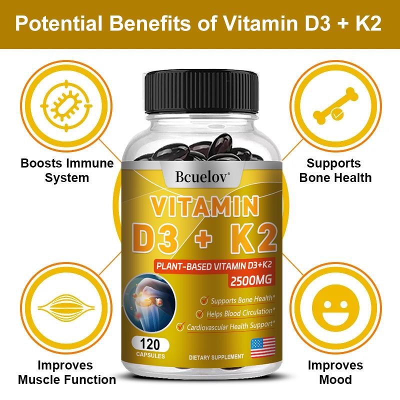Bcuelov pflanzliche Vitamin D3+K2 Kapseln 2500mg mit Kalzium und mehreren Vitaminen zur Stärkung des Immunsystems 120 Kapseln
