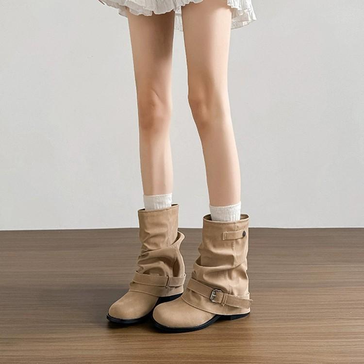 Spot second hair new round head thick heel ancient western cowboy short boots pleated trousers inner heightening pile boots women's summer