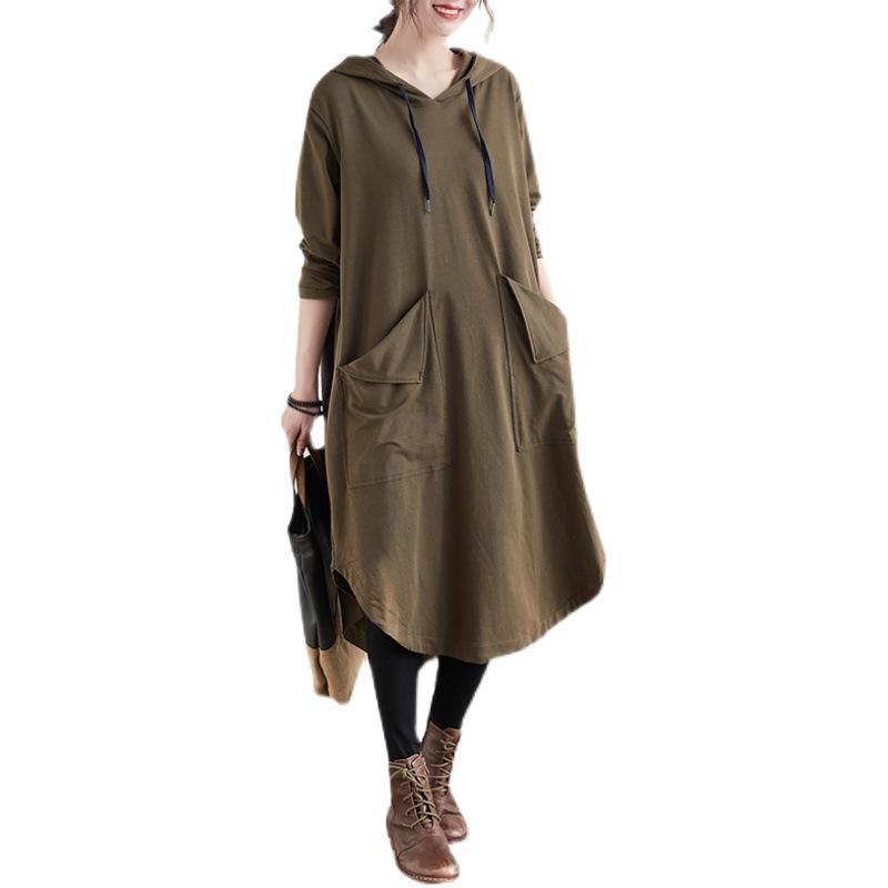 2025 autumn new large size loose medium and long sweater skirt women's big pocket solid color hooded dress