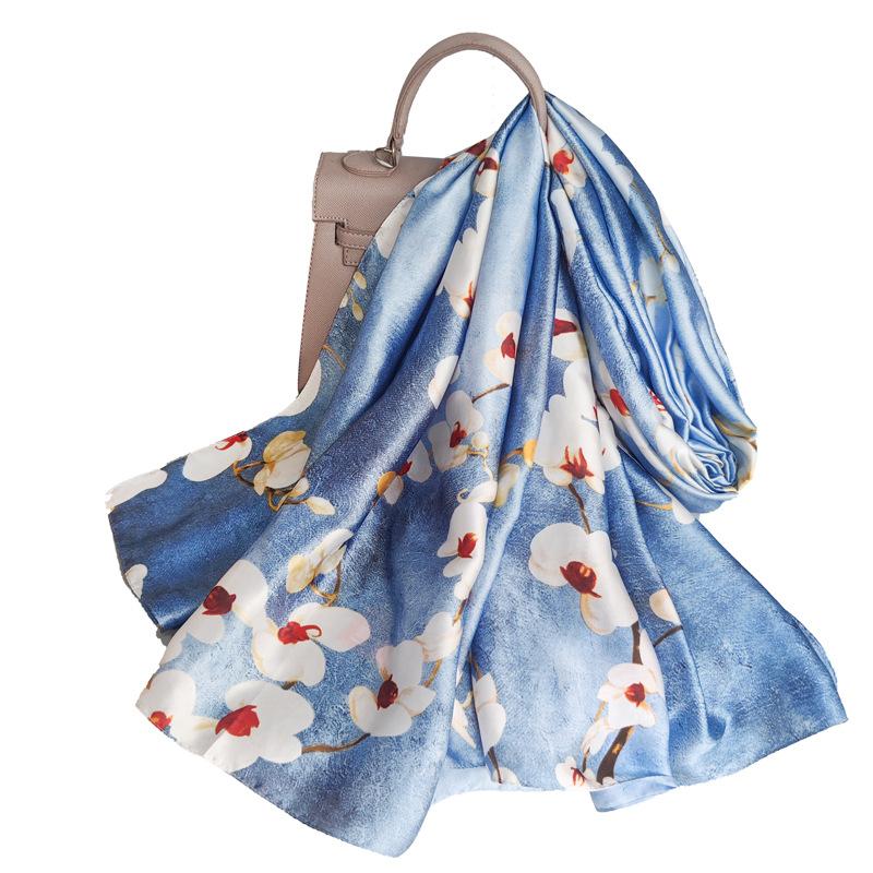 New Spring and Summer Long Silk Scarf High-end Imitation Silk Kicker Silk Scarf with Brocade Printed Shawl On The Outside Sun Protection Scarf
