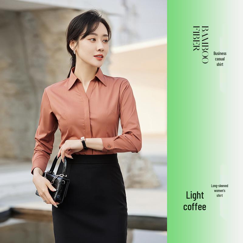 Damen Rosa V-Ausschnitt Bambusfaser Stretch Shirt - Gestickte Formelle Kleidung für Büro, Verkauf und Hotel Rezeption