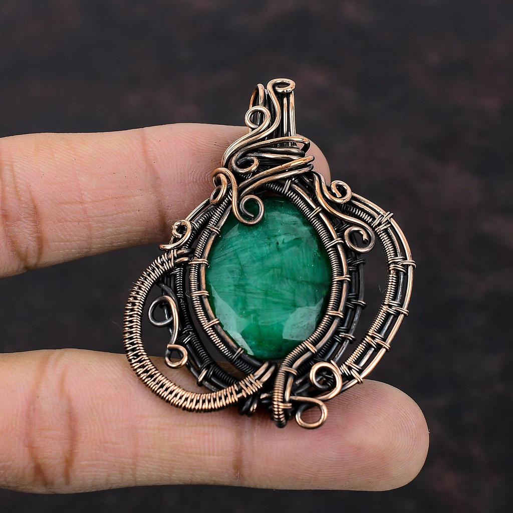 Faceted Zambian Emerald Pendant Copper Wire Wrapped Pendant Handmade Pendant Copper Wire Wrap Jewelry Gift For Her Natural Gemstone Jewelry