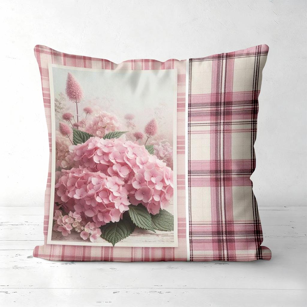 Pink Hydrangea Patterned Plaid Cushion Covers for Home Polyester pillowcase, sofa decorative cushion cov Headboard Pillow
