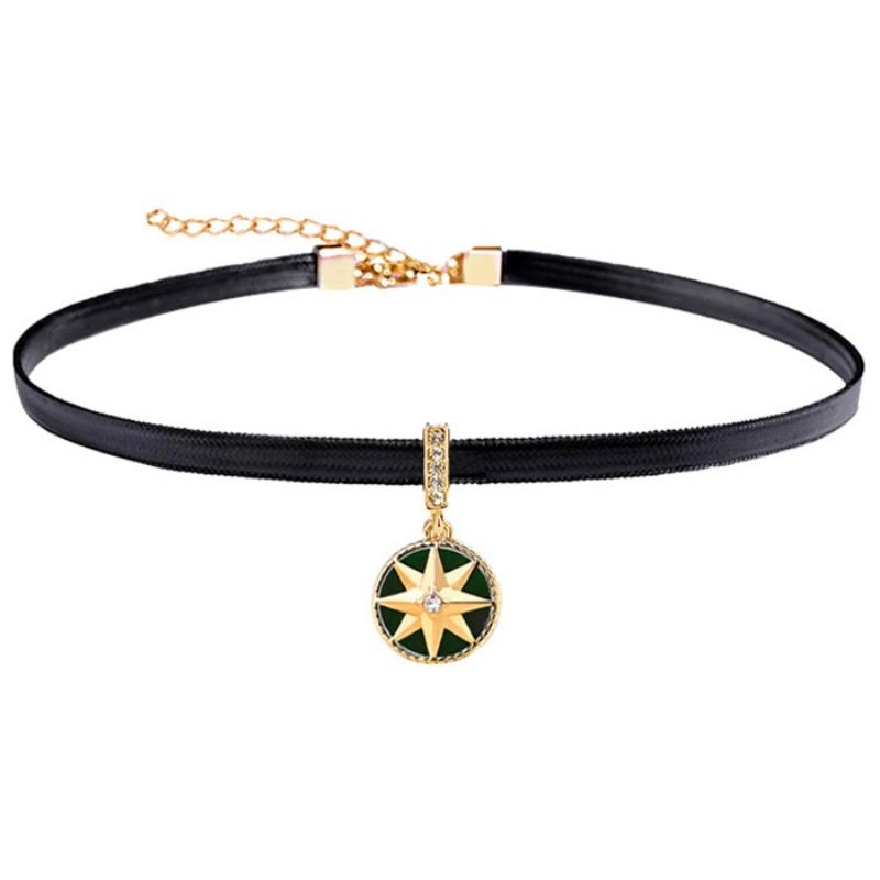 Retro Octagonal Compass Necklace, Trendy Collarbone Chain, Elegant Leather Rope Neck Strap
