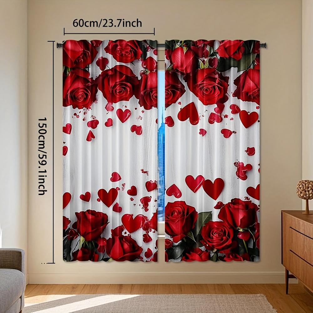 2Pcs Elegant Red Rose & Heart Backdrop Curtains - Romantic Valentine'S Day Decor For Bedroom & Living Room, Semi-Transparent Pol