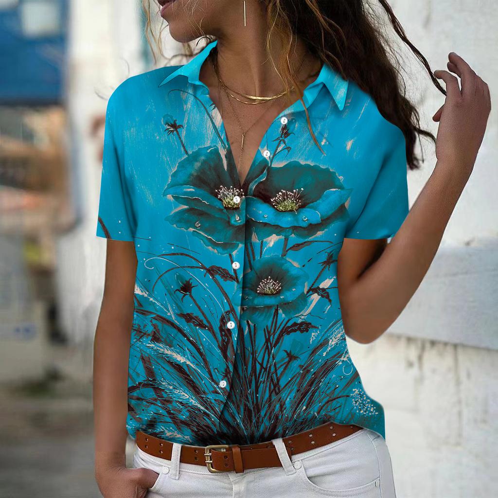 2025 Sommer Neue Mode Damen Blumenmuster Kurzarm V-Ausschnitt Lässig Knopfleiste Hemd Top