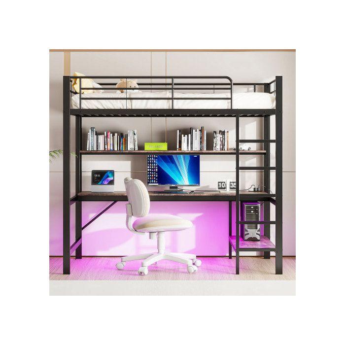 Łóżko dziecięce - MUVOE - Łóżko piętrowe 90x200 cm - Metal i MDF - Oświetlenie LED - Wbudowane gniazda USB