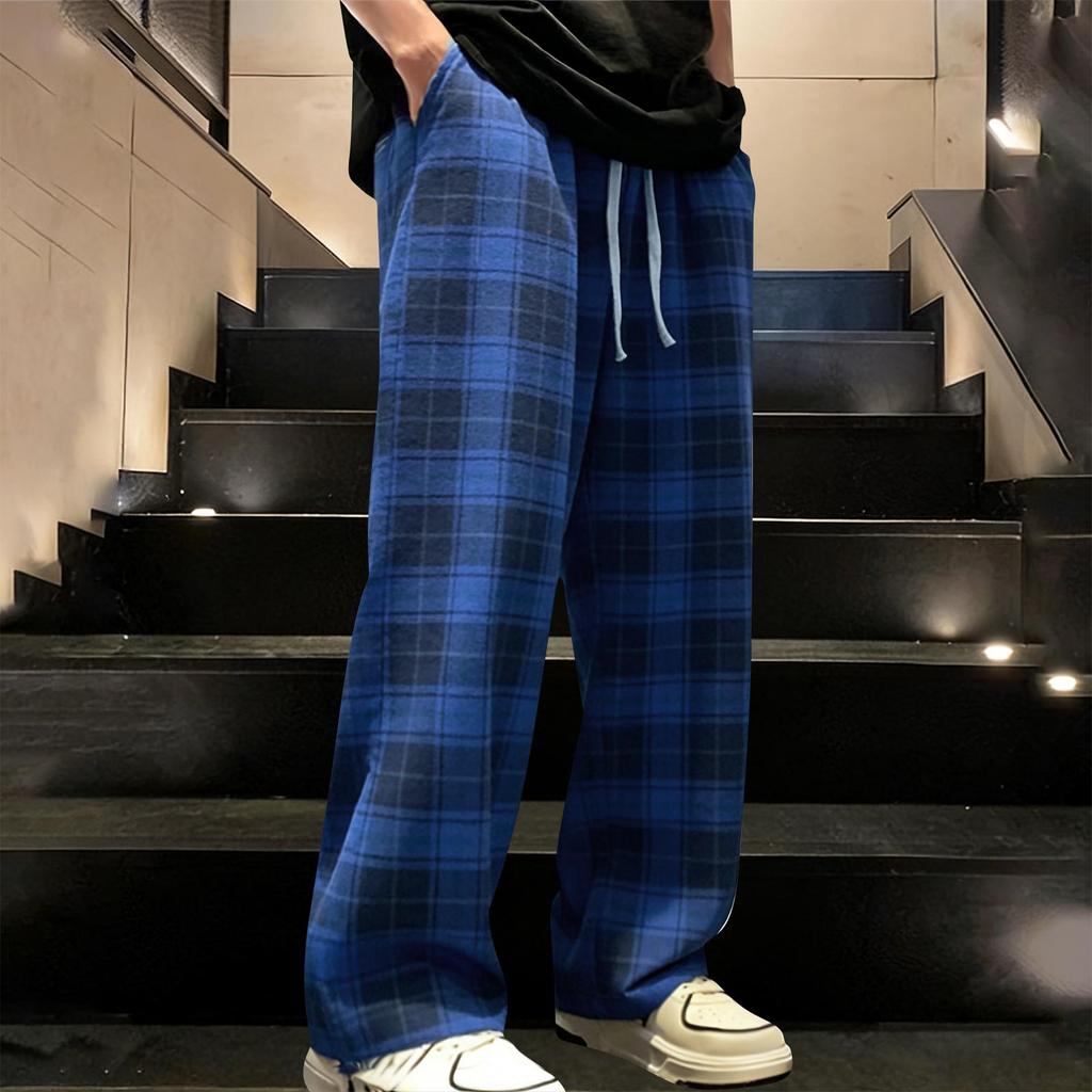 Men's Loose Comfortable Casual Fashion Tartan Print Wide Leg Pants With Drawstring