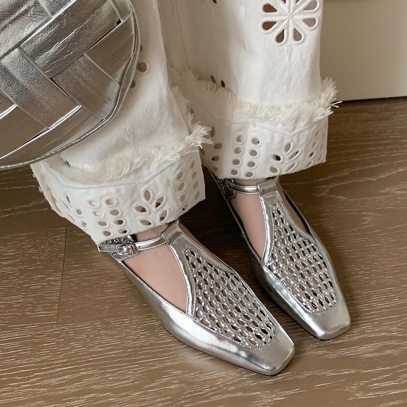 Soft! Square Head Woven T-strap Small Leather Shoes Retro Genuine Leather Mary Jane Shoes Women's 2025 New Shallow Hollow Single Shoes