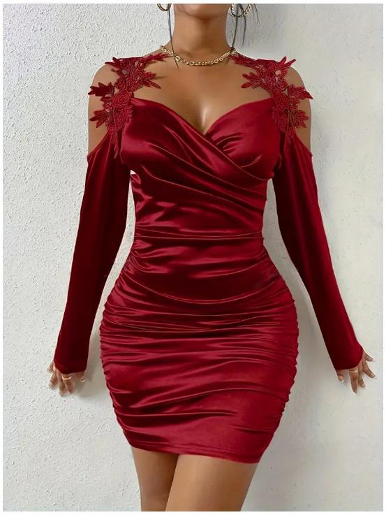 2025 Elegant Lace Satin Bodycon Dress with Pleated Skirt for Spring and Autumn