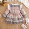 Toddler Baby Girls Dresses Outfits Cute Lace Ruffle Collar Princess Wedding Plaid Dress Puff Long Sleeve Button Up Party Ruched Dress 6M-4T