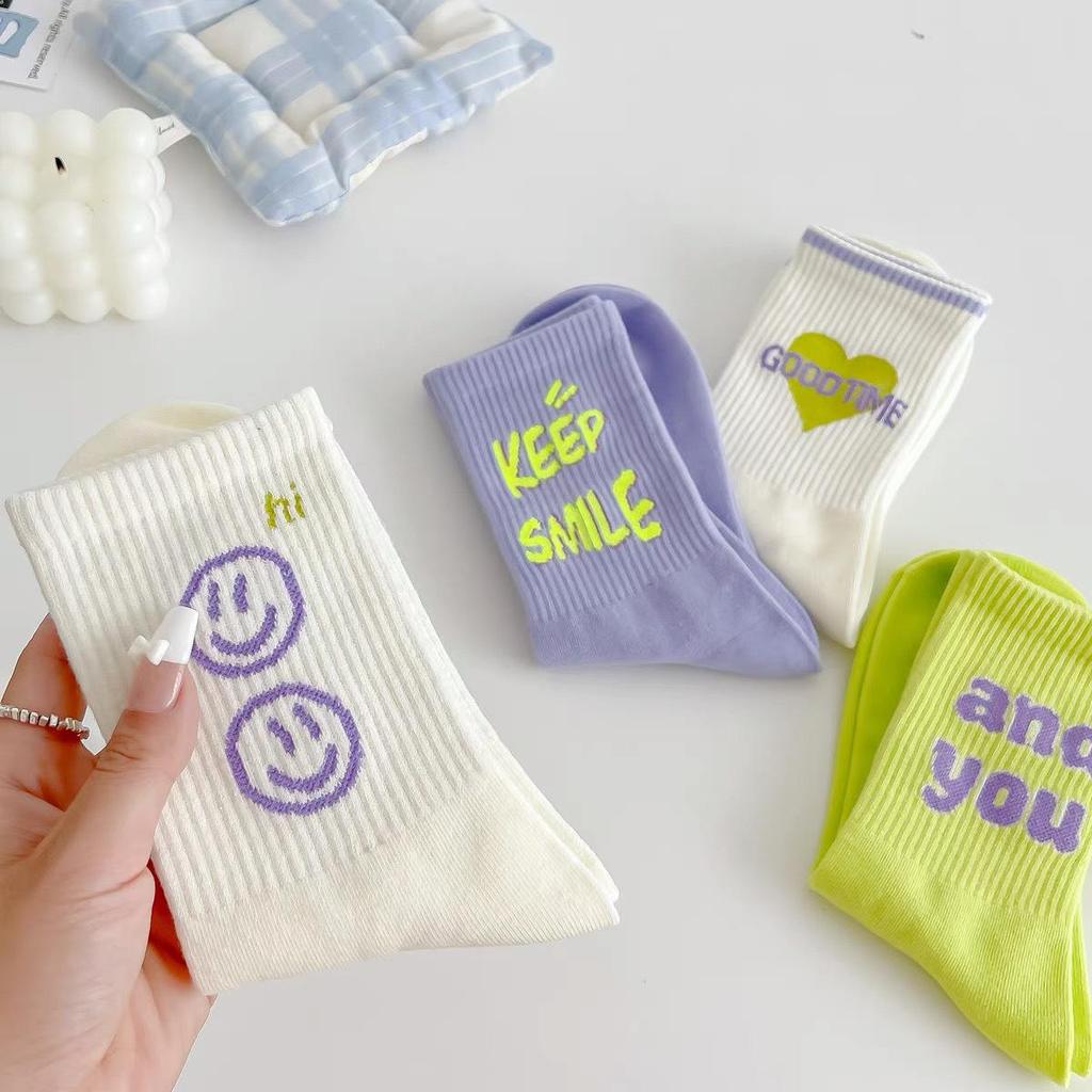 Women's Mid-Calf Socks: Trendy Spring/Summer Street Style – Comfortable, Breathable with Letter and Smiley Face Designs