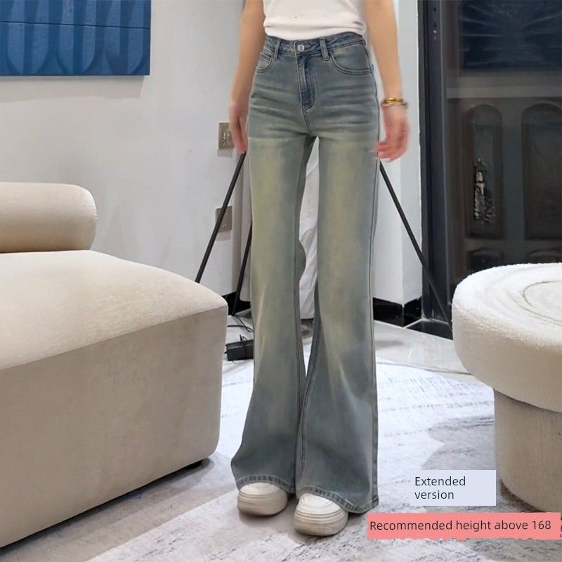 American Retro Blue Distressed Flared Jeans for Women, Spring Season, Plus Size, Elastic, Slimming, High-Waisted Bell-Bottom Pants Retro Blue (Extended Version) XL