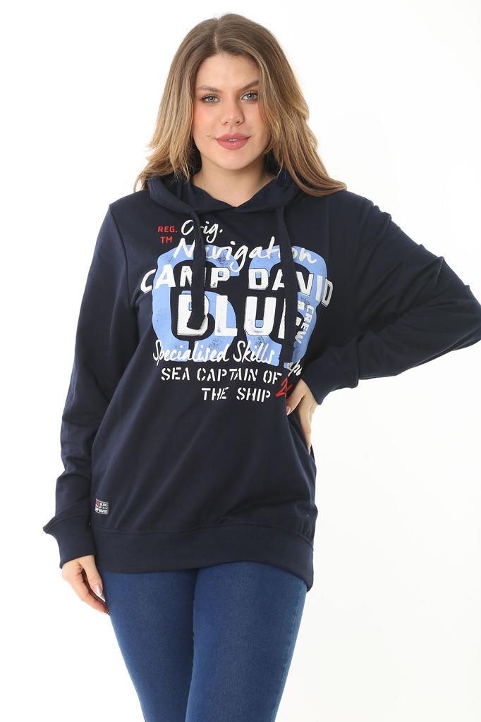 Women's Style Big Size Sweatshirt Large Size Blue Two Thread Front Printed Hooded Sweatshirt