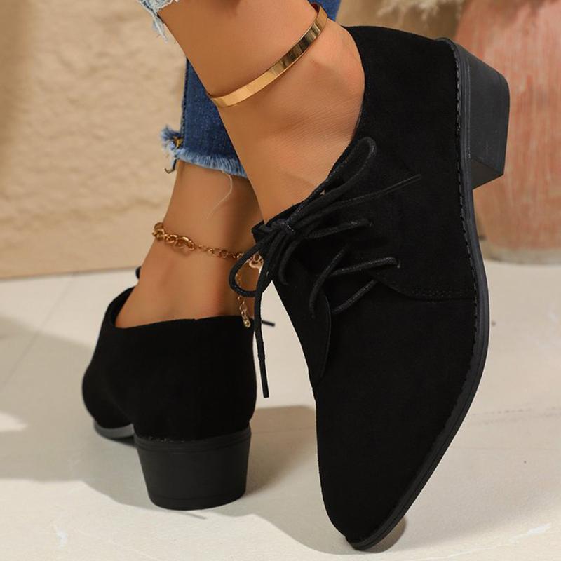Fashion Comfortable Faux Suede Low Heel Pumps Women Solid Color Lace Up Loafers Woman Plus Size 36-43 Pointed Toe Casual Shoes Female