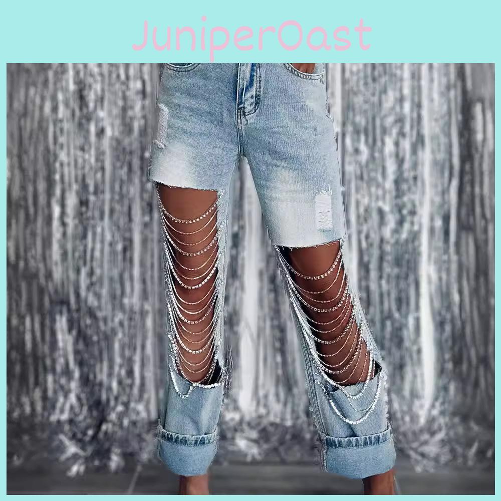 Ripped Big Spring Ihuasu Early Jeans Womens Chain Hanging Straightleg Pants