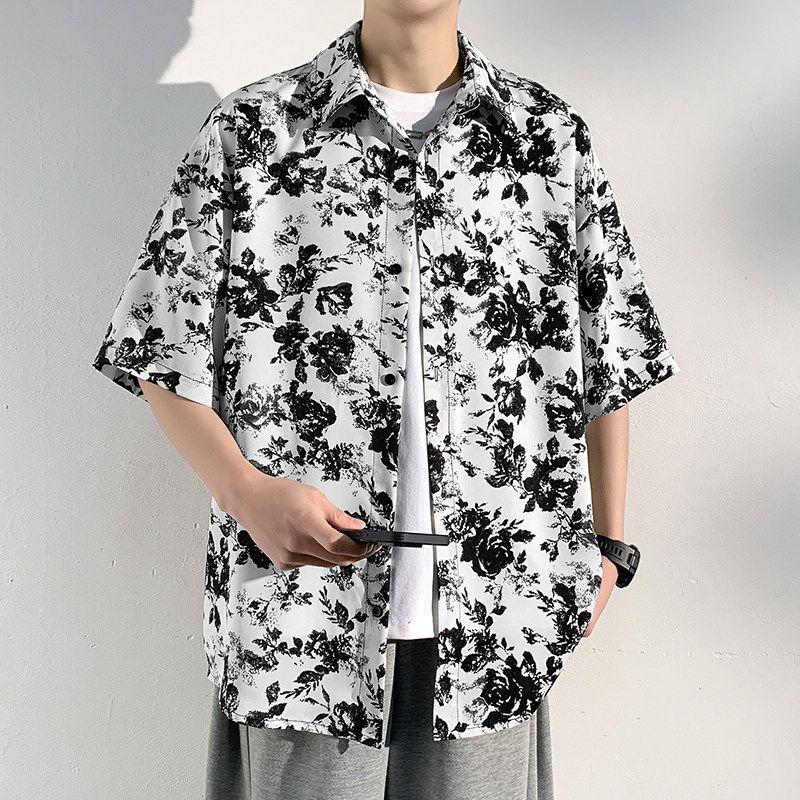 Japanese-Style Vintage Floral Full-Print Shirt for Men, Summer High-End Casual Loose Short-Sleeve Shirt