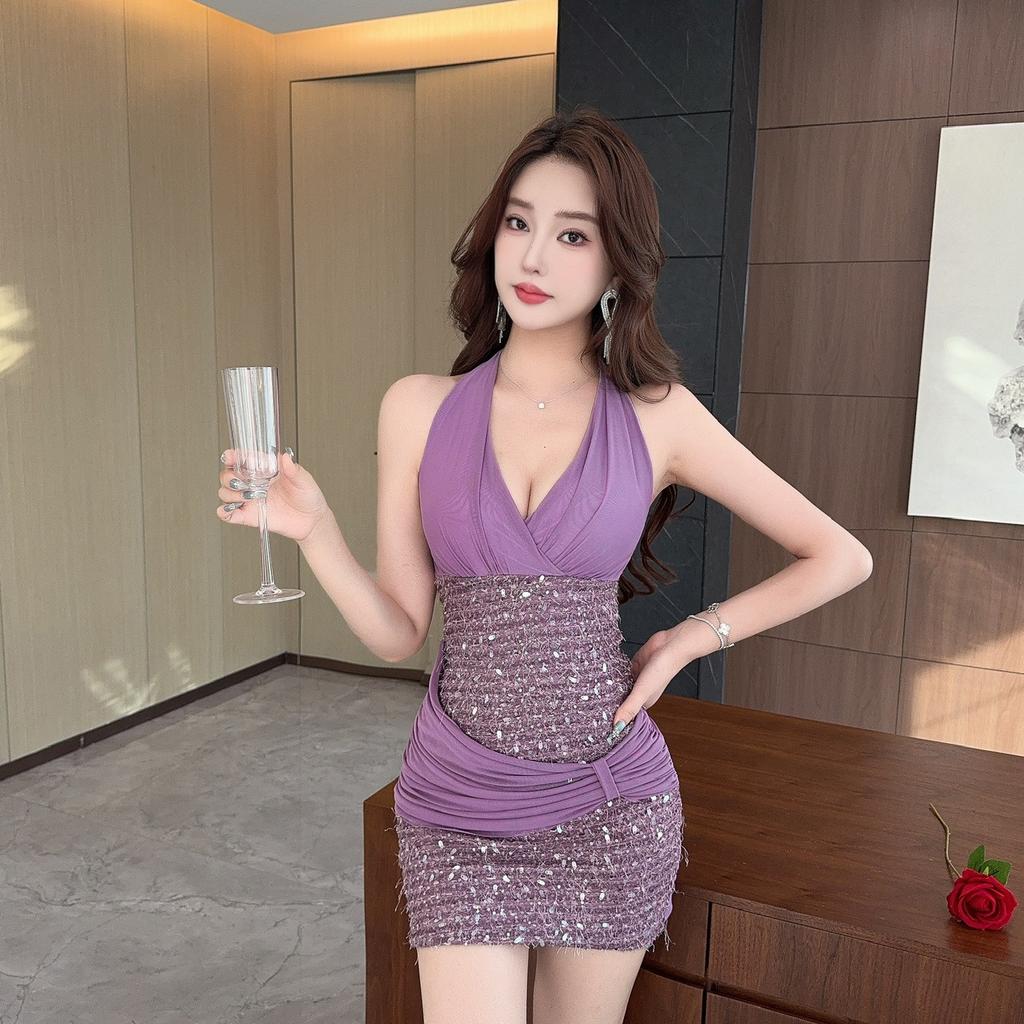 Sexy neck dress women tight live streaming host Internet celebrity photogenic temperament thin hip skirt