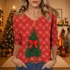Women's Christmas Print V-Neck Three-Quarter Sleeve Casual Loose Fit Shirt