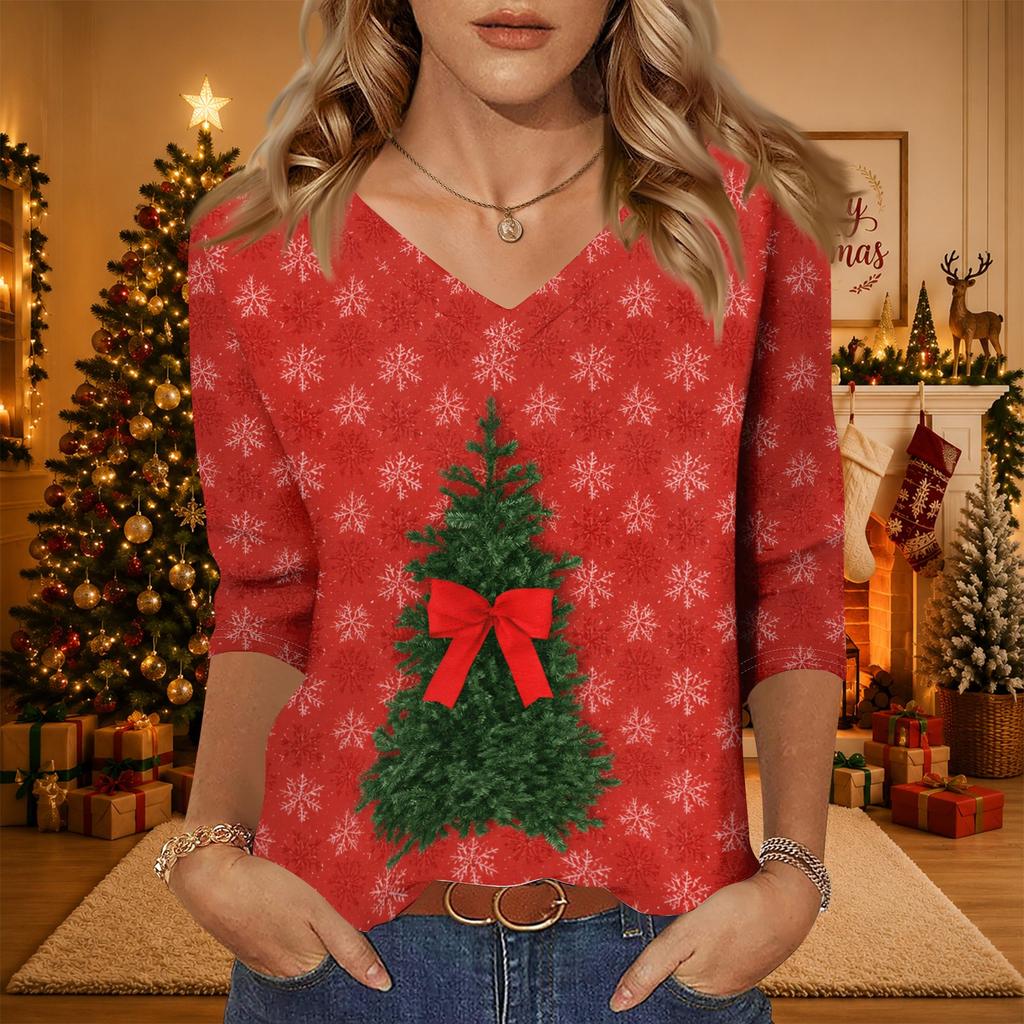 Women's Christmas Print V-Neck Three-Quarter Sleeve Casual Loose Fit Shirt