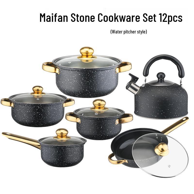 Stainless Steel Non-stick Cookware Set with Gold Handles, 12 PCS - Includes Soup Pot, Frying Pan, Steamer Basket.