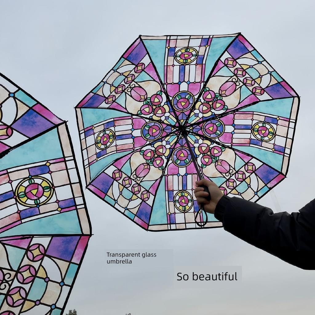 New Style British-Style Tropical Arched Transparent Umbrella with Stained Glass, Long Handle, Automatic, Large, Romantic, for Both Sunny and Rainy