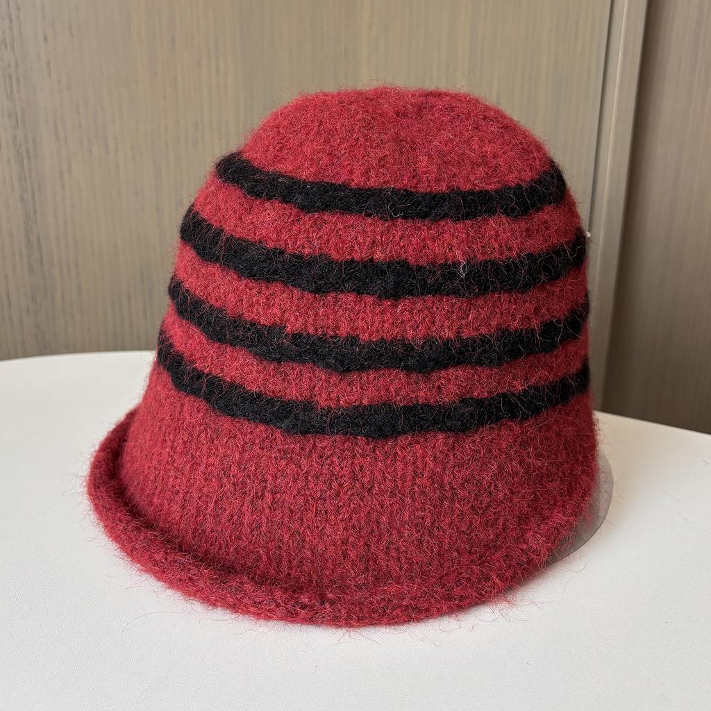 Japanese Striped Retro Knitted Bucket Hat Women'S Warm Wool Hat Versatile Big Brim Showing Face Small Bucket Hat