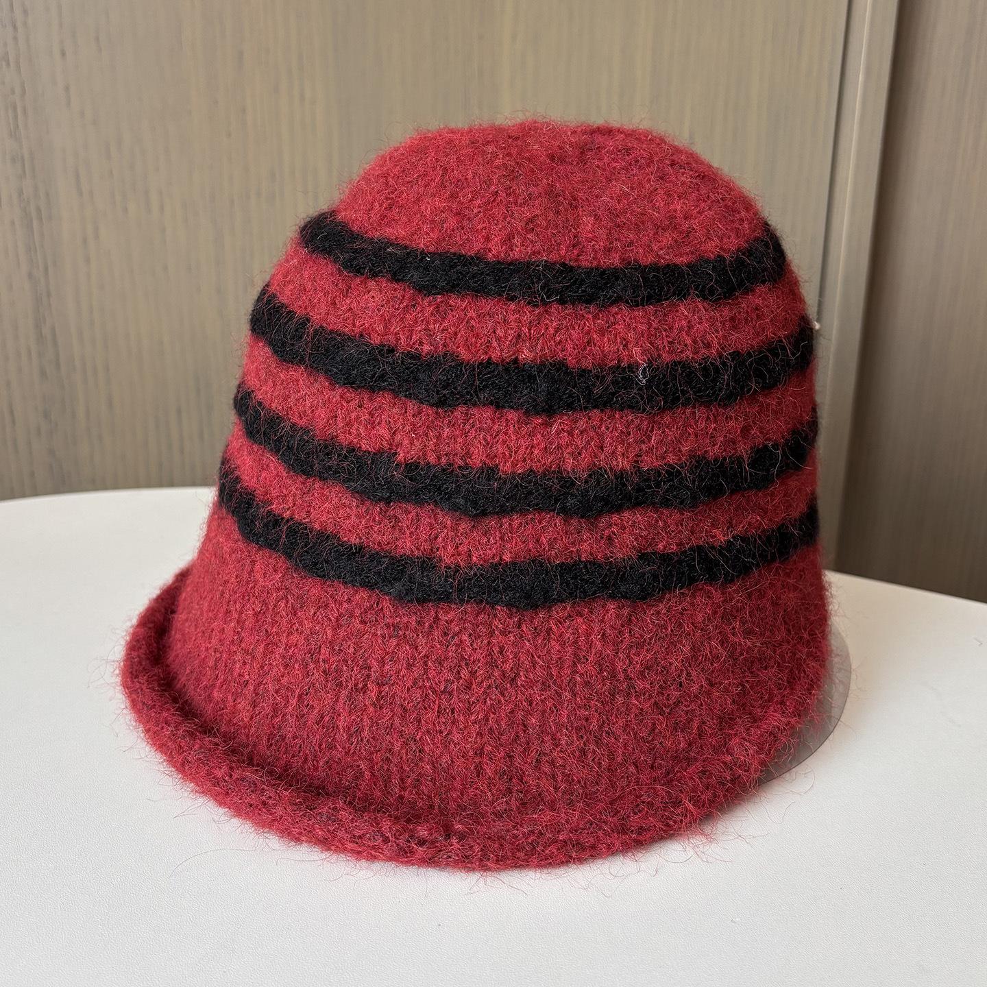 Japanese Striped Retro Knitted Bucket Hat Women S Warm Wool Hat Versatile Big Brim Showing Face Small Bucket Hat One size fits all