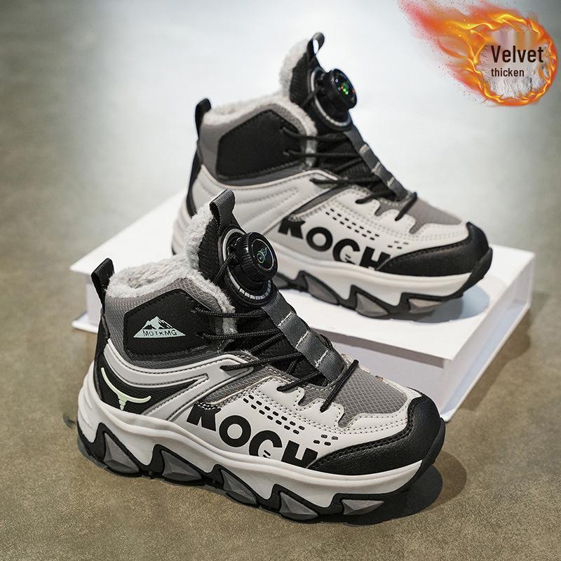 Pink Fleece-Lined High-Top Cotton Winter Boots with Rotary Laces for Older Children