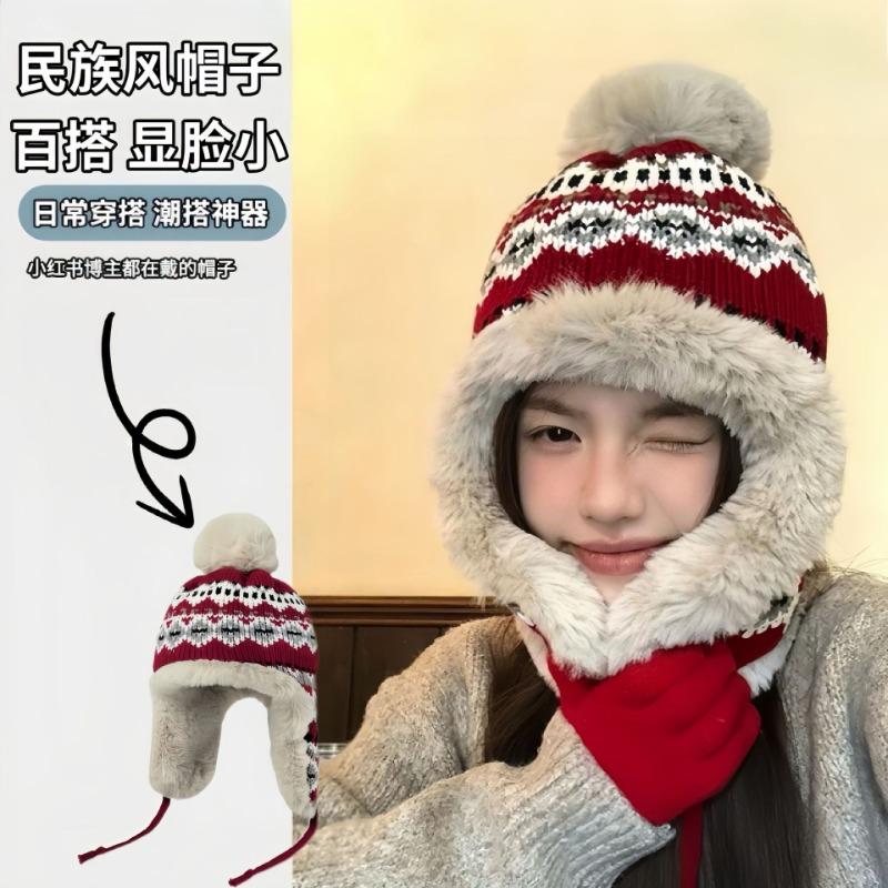 Wool hat autumn and winter women's ear protection plush bag head pullover hat cycling windproof plush thickened warm knitted hat