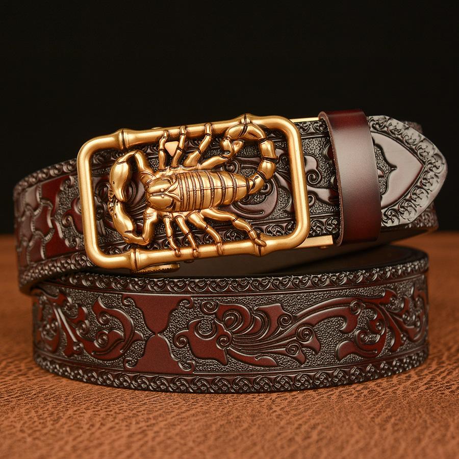 SupSindy Men Genuine Leather Belt Luxury Scorpion Metal Automatic Buckle Cowhide Belts for Men Jeans Waistband Male Strap Black