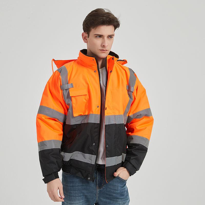 High Visibility Safety Bomber Jacket for Men Fall Winter Coat With Hood Men's Outdoor Work Waterproof 300D Oxford Bomber Jackets With Eflective Strips
