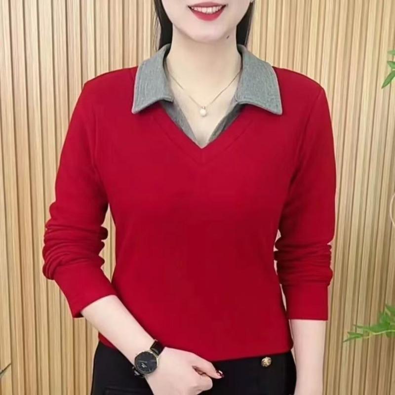 2025 Spring Fashionable Long-sleeved T-shirt Fake Two-piece Lapel Versatile Fashion Casual Top for Women