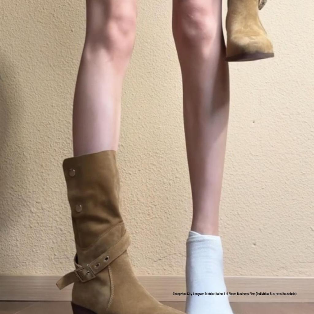 Women's Retro Suede Pointed Toe Knight Boots with Buckle, Chunky Heel, and Two-Wear Western Style