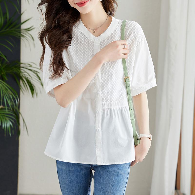 Splicing White Shirt Women's Five-quarter Sleeve Summer Dress New Cotton Top Round Neck Loose Shirt