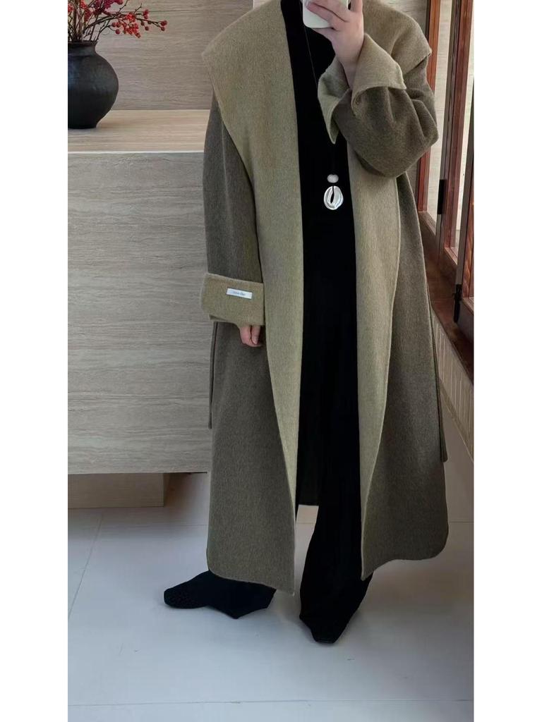 Cloud Floss Women's Double-Faced Wool Coat: Tie-Waist Hooded, Large Lapel, Loose Fit, Thickened Temperament Overcoat.
