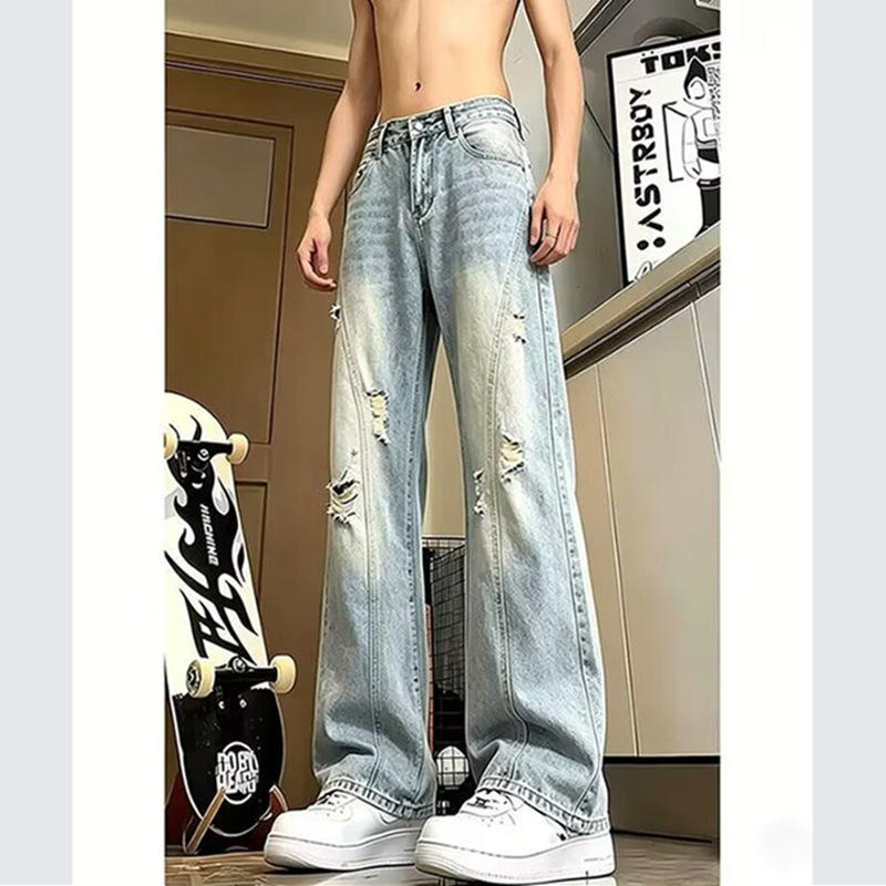 Ripped jeans men's summer loose straight wide legs trendy brand ruffian pants American high street vibe casual