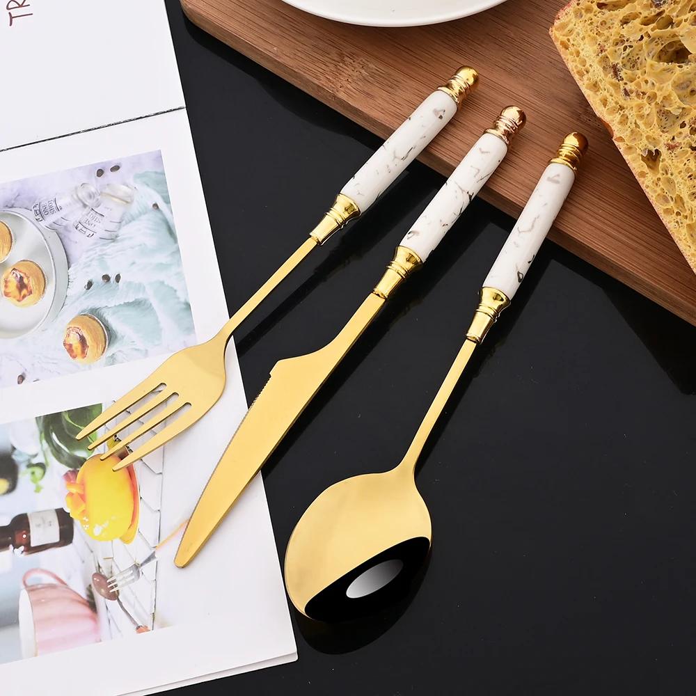 30Pcs Creative Imitation Ceramics Handle Dinnerware Set White Gold Cutlery Stainless Steel Tableware Knives Forks Spoon Flatware