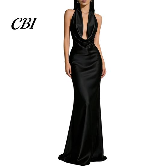 Alltagskleid Damen Sexy Rückenfreies Maxikleid, Tiefes V-Ausschnitt Ärmellos Bequemes Neckholder Satin Lang Formelles Abendparty Meerjungfrauen-Kleid Einfarbig
