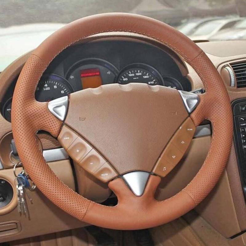 Car Steering Wheel Cover Non-Slip Hand-Stitched Car Steering Wheel Covers Black Leather For Porsche Cayenne 2006-2009