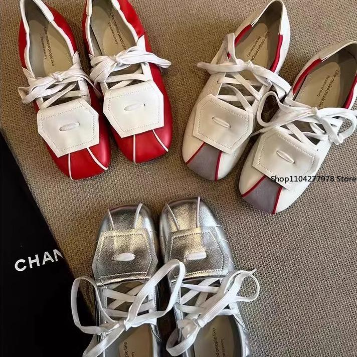 Fashion PU Leather 2025 Summer Mary Jane Shoes Mixed Colors Lace-up Square Head Sneakers Women's Flip Comfortable Sports Shoe Flats