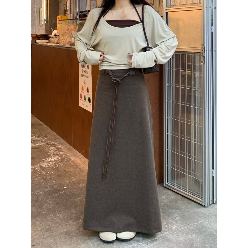Kumikumi Gentle Minimalist Pure Color High Waist Skirt Women's Autumn Loose Slimming and All-Matching Drape Midi Skirt