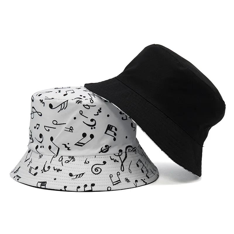 Módní bílé klobouky bucket s hudebním motivem, sluneční klobouky, hip hop pánské dámské rybářské klobouky