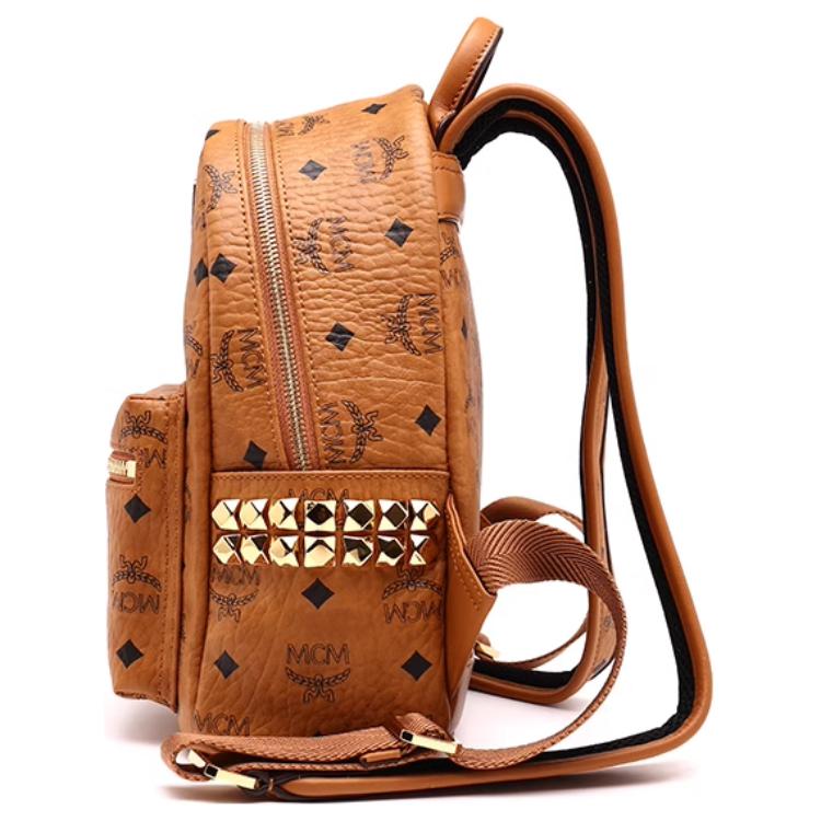 Mcm Stark Classic Vintage Floral Print Double-Sided Rivet Canvas And Leather Backpack Unisex And Couple Style Brown Cognac Color