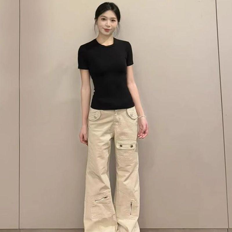 

Black Front Shoulder Short-sleeved T-shirt for Women s Summer New Waist Tightening Tights Slim Half-sleeved Bottoming Cotton S чорний