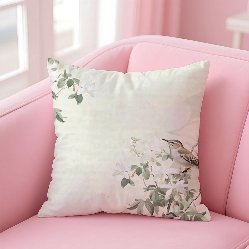 Chinese Style Simple Bird Flowers Cushion Cover Linen Pillowcase Cover Soft Decor for Sofa Home Room