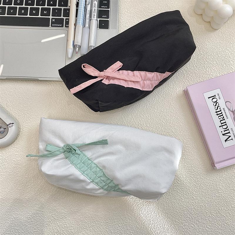 Ins Style Simple Fabric Pencil Case Bowknot Makeup Bag Large Capacity Storage Bag Stationery Pouch School Supplies Girls Gift