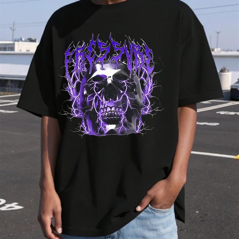 Sommer Herren Gothic Stil Totenkopf und Blitz Symbol Muster T-Shirt - Schwarz und Lila Kante Streetstyle Kurzarm T-Shirt