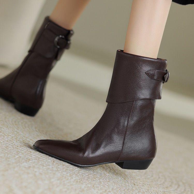 Authentic Soft Leather Mid-Calf Boots - Women's Flat Non-Slip Low Heel, Autumn/Winter, Thin Velvet, Unisex